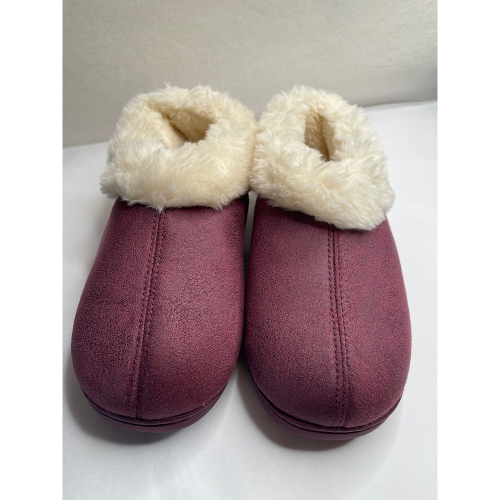 EverFoams‎ Womens Burgundy Suede Memory Foam Slippers Faux Fur Trim Size 5-6